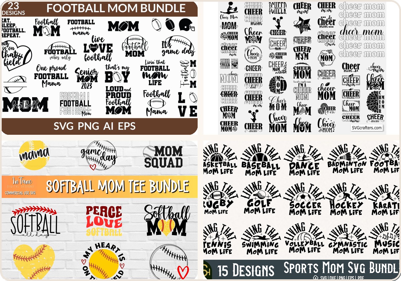 Sports mom SVG collage featuring football, cheer, softball, and volleyball-themed Cricut design previews