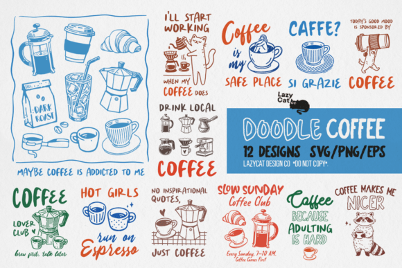Funny Coffee Doodle SVG Bundle – 12 Designs